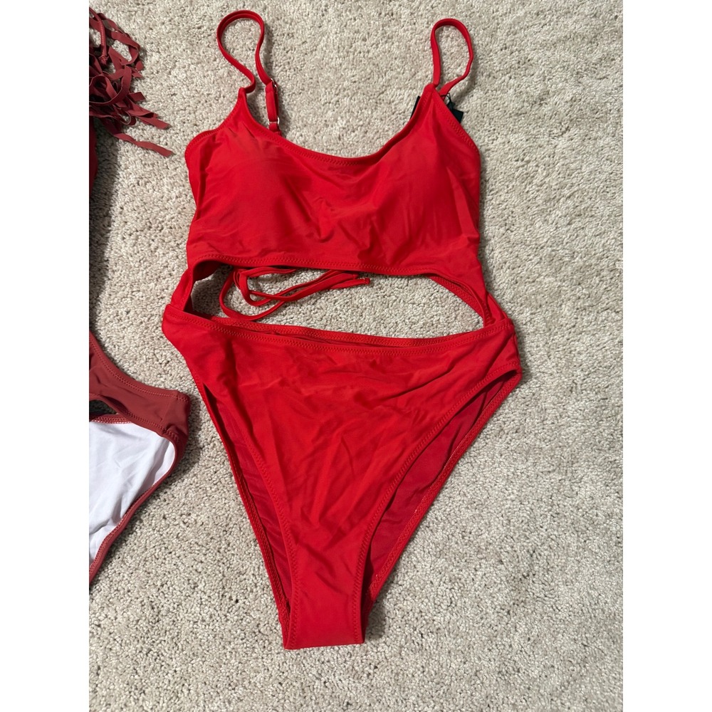Meyeeka Womens Red Monokini Cutout Lace Up High Cut One Piece Swimsuit Small NEW